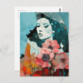 女性と花の抽象芸術コラージュ ポストカード (正面/裏面)