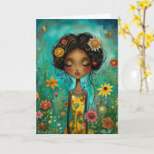 女性と花イラストレーションスタイルハローグリーチン カード (黄色い花)