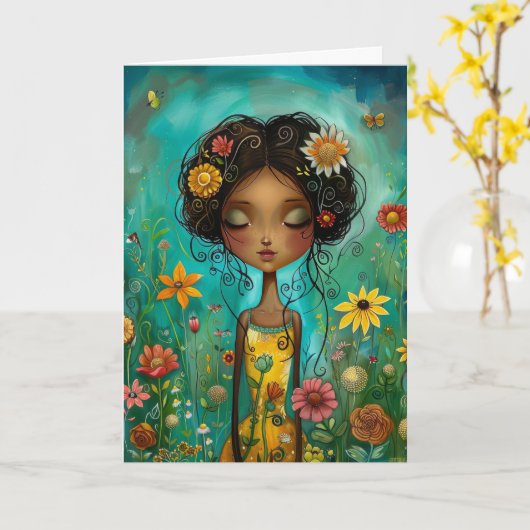 女性と花イラストレーションスタイルハローグリーチン カード (黄色い花)