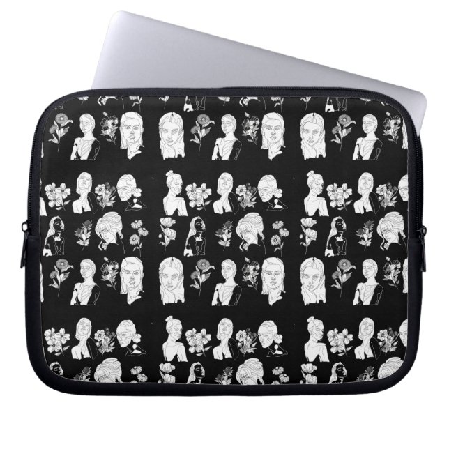 女性と花(B&W)スリーブ ラップトップスリーブ (正面)