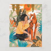 女性と虎のジャングルサンセット シーズンポストカード (正面)