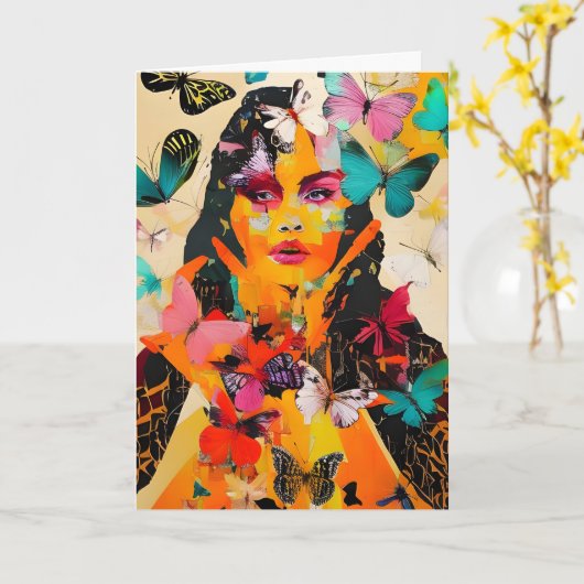 女性と蝶の混合メディア誕生日 カード (黄色い花)