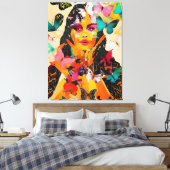 女性と蝶の混合メディア キャンバスプリント (インサイチュ (寝室))