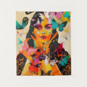 女性と蝶の混合メディア タペストリー (正面)