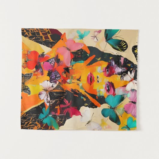 女性と蝶の混合メディア タペストリー (正面(横))