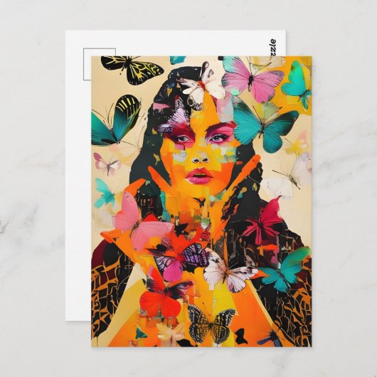 女性と蝶の混合メディア ポストカード (正面/裏面)