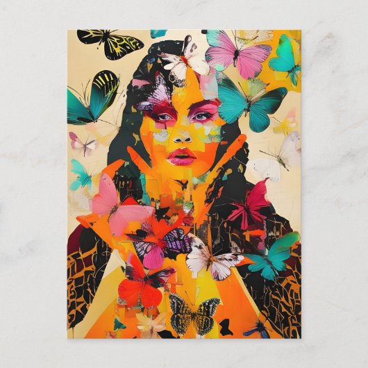 女性と蝶の混合メディア ポストカード (正面)