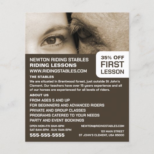 女性と馬、乗馬インストラクター、アカデミー チラシ (正面)