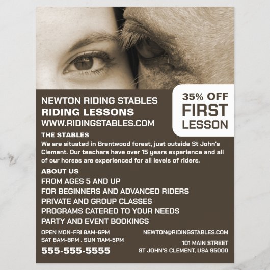 女性と馬、乗馬インストラクター、アカデミー チラシ (正面)