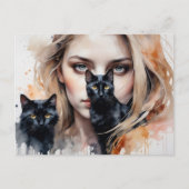 女性と黒猫ポストクロッシング ポストカード (正面)