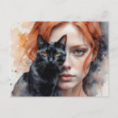 女性と黒猫ポストクロッシング ポストカード (正面)