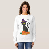 女性のかわいいハロウィーンスウェットシャツブラックキャットウィッチ スウェットシャツ (正面フル)