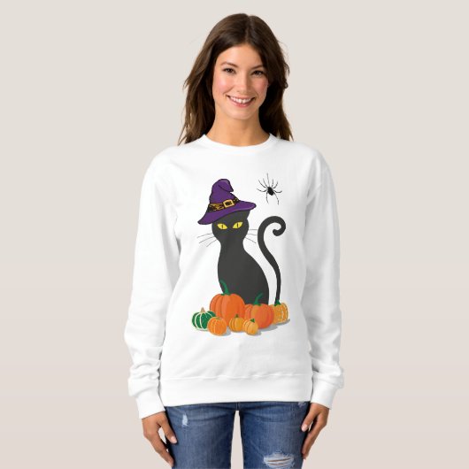 女性のかわいいハロウィーンスウェットシャツブラックキャットウィッチ スウェットシャツ (正面フル)