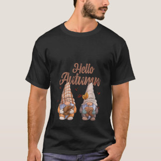 女性のこんにちは秋のノームの落ちるカボチャのハロウィンV Tシャツ