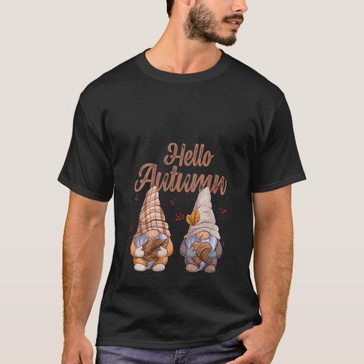 女性のこんにちは秋のノームの落ちるカボチャのハロウィンV Tシャツ (正面)