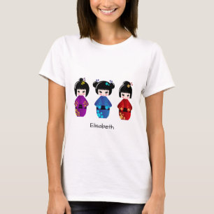 女性のためのかわいいkokeshiの人形の漫画の名前のワイシャツ tシャツ