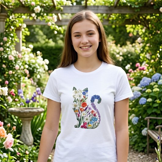 女性のためのエレガントな花柄の猫 トライブレンドTシャツ