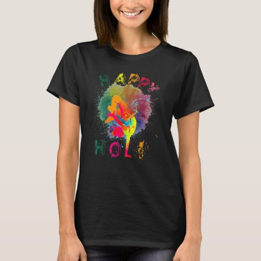 女性のためのハッピーホリ男性の子供はインドのヒンズー語を色にする Tシャツ (正面)