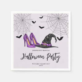 女性のためのハロウィンパーティーにぴったりな紫色の魔法使いの帽子と靴のデザイン スタンダードカクテルナプキン