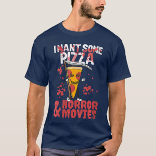 女性のためのハロウィーンTシャツ ピザとホラー映画 Tシャツ