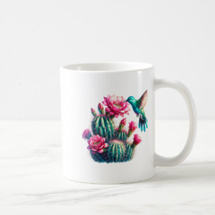 女性のためのピンク ティール アクア サボテンの花 ハチドリ コーヒーマグカップ
