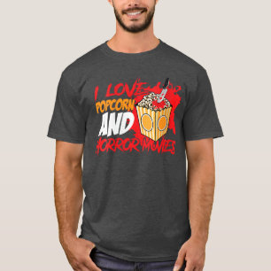 女性のためのポップコーンとホラー映画が大好きな怖い映画Tシャツ Tシャツ