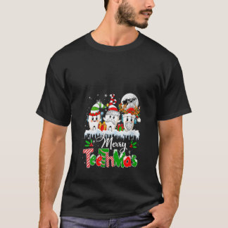 女性のためのメリー・ティースマス・クリスマス サンタとエルフとトナカイ Tシャツ