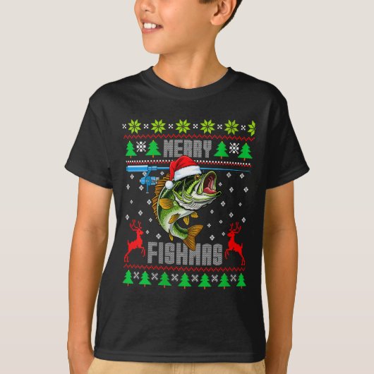 女性のためのメリー・フィッシュマス B 魚 釣り おもしろい クリスマスの格好悪い服 Tシャツ (正面)