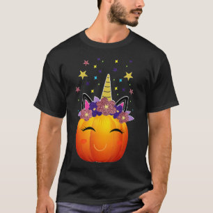 女性のための可愛いユニコーンカボチャHalloween Thanksgi Tシャツ
