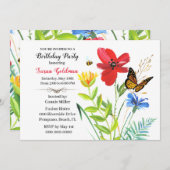 女性のための誕生日パーティー花デザイン 招待状 (正面/裏面)