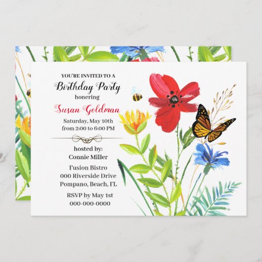 女性のための誕生日パーティー花デザイン 招待状 (正面/裏面)