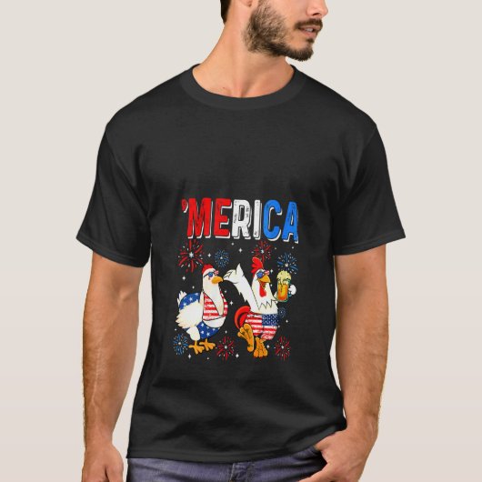 女性のための面白いニワトリ アメリカ国旗 4th July ビール Tシャツ (正面)