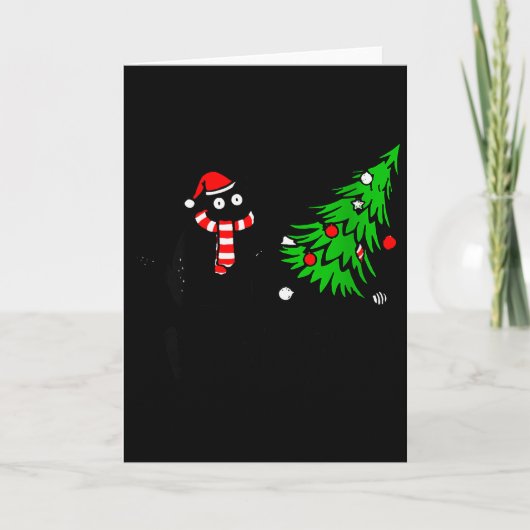女性のための面白い黒猫ギフト クリスマスツリーを押す カード (正面)