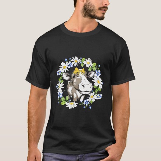 女性のための黄色いリボンを付けたかわいい牛 Tシャツ (正面)