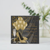 女性のための黒とゴールドのバースデーパーティー招待状 招待状 (スタンド正面)