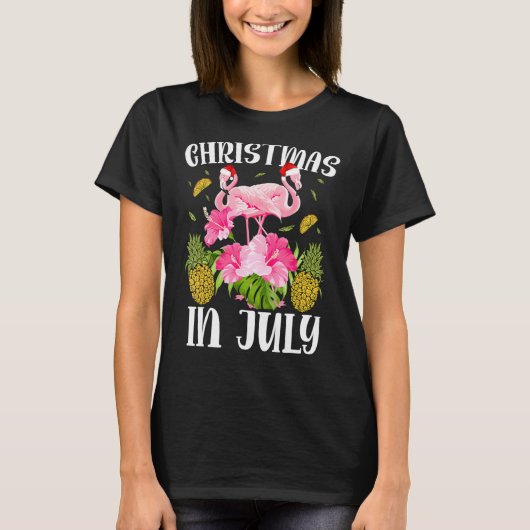女性のための7月のクリスマスPink Flamingo 2 Tシャツ (正面)