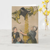 女性のエプロンに金ゴールドコインを注ぐ悪魔 カード (黄色い花)