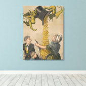 女性のエプロンに金ゴールドコインを注ぐ悪魔 キャンバスプリント (インサイチュ (ウッドフロア))