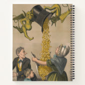 女性のエプロンに金ゴールドコインを注ぐ悪魔 ノートブック (裏面)