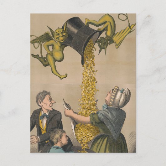 女性のエプロンに金ゴールドコインを注ぐ悪魔 ポストカード (正面)