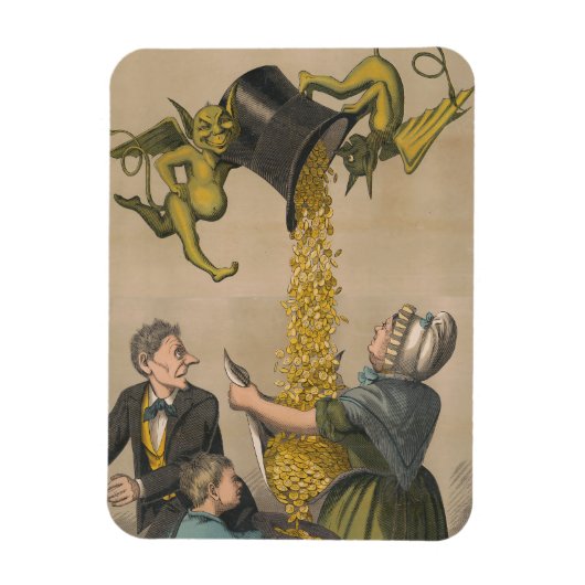 女性のエプロンに金ゴールドコインを注ぐ悪魔 マグネット (縦)