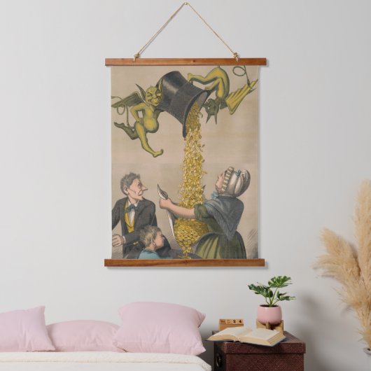 女性のエプロンに金ゴールドコインを注ぐ悪魔 吊り下げ型タペストリー (寝室)