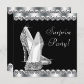 女性のエレガントなブラックサプライズ誕生日パーティー 招待状 (正面/裏面)