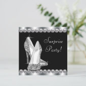 女性のエレガントなブラックサプライズ誕生日パーティー 招待状 (スタンド正面)