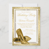 女性のエレガントなホワイトゴールドハイヒール靴の誕生日 招待状 (正面)