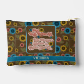 女性のエンパワーメントレトロ60sおよび70sフローラブルー アクセサリーポーチ (裏面)