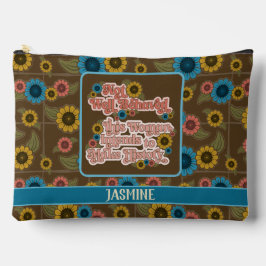 女性のエンパワーメントレトロ60sおよび70sフローラブルー アクセサリーポーチ