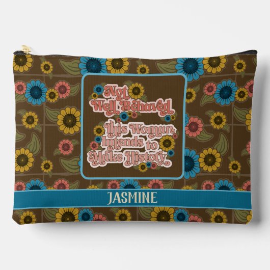 女性のエンパワーメントレトロ60sおよび70sフローラブルー アクセサリーポーチ (正面)