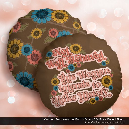 女性のエンパワーメントレトロ60sおよび70sフローラ ラウンドクッション
