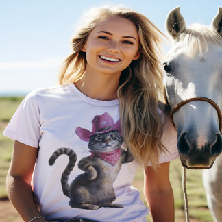 女性のカーボーイおもしろい猫 Tシャツ